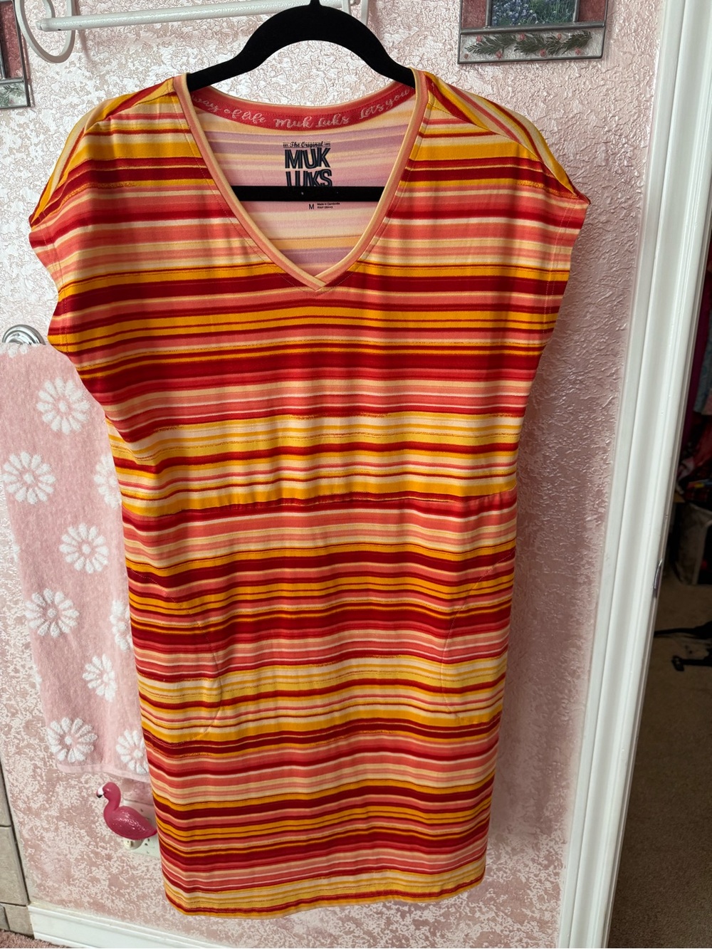 Muk Luks Striped V-Neck Dress in Red, Yellow, Pink